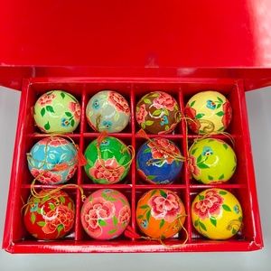 Set of 12 Paper Mache Lacquered Christmas Ball Ornament, Flowers, Made in India
